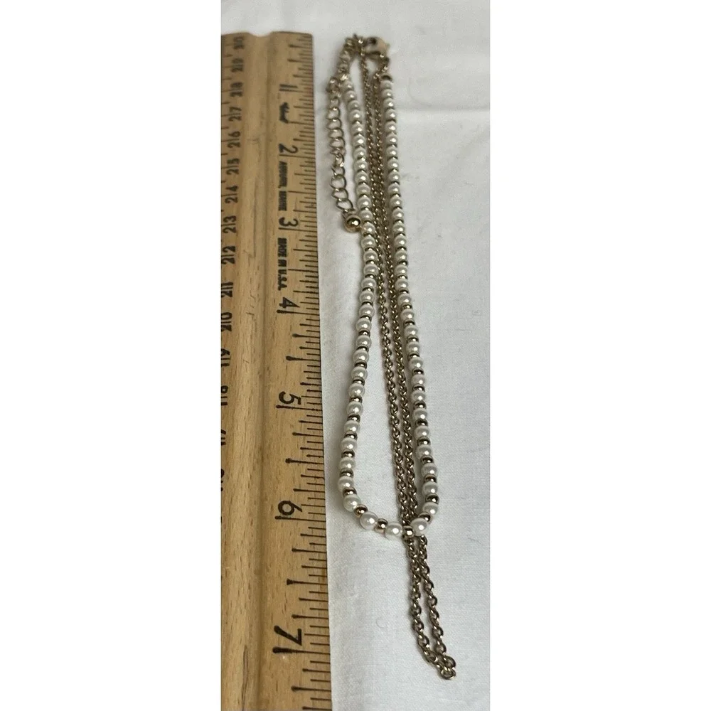 2 Strand Layered Choker Necklace Faux Pearl Gold Tone Cable Chain 12-14" - Picture 8 of 8